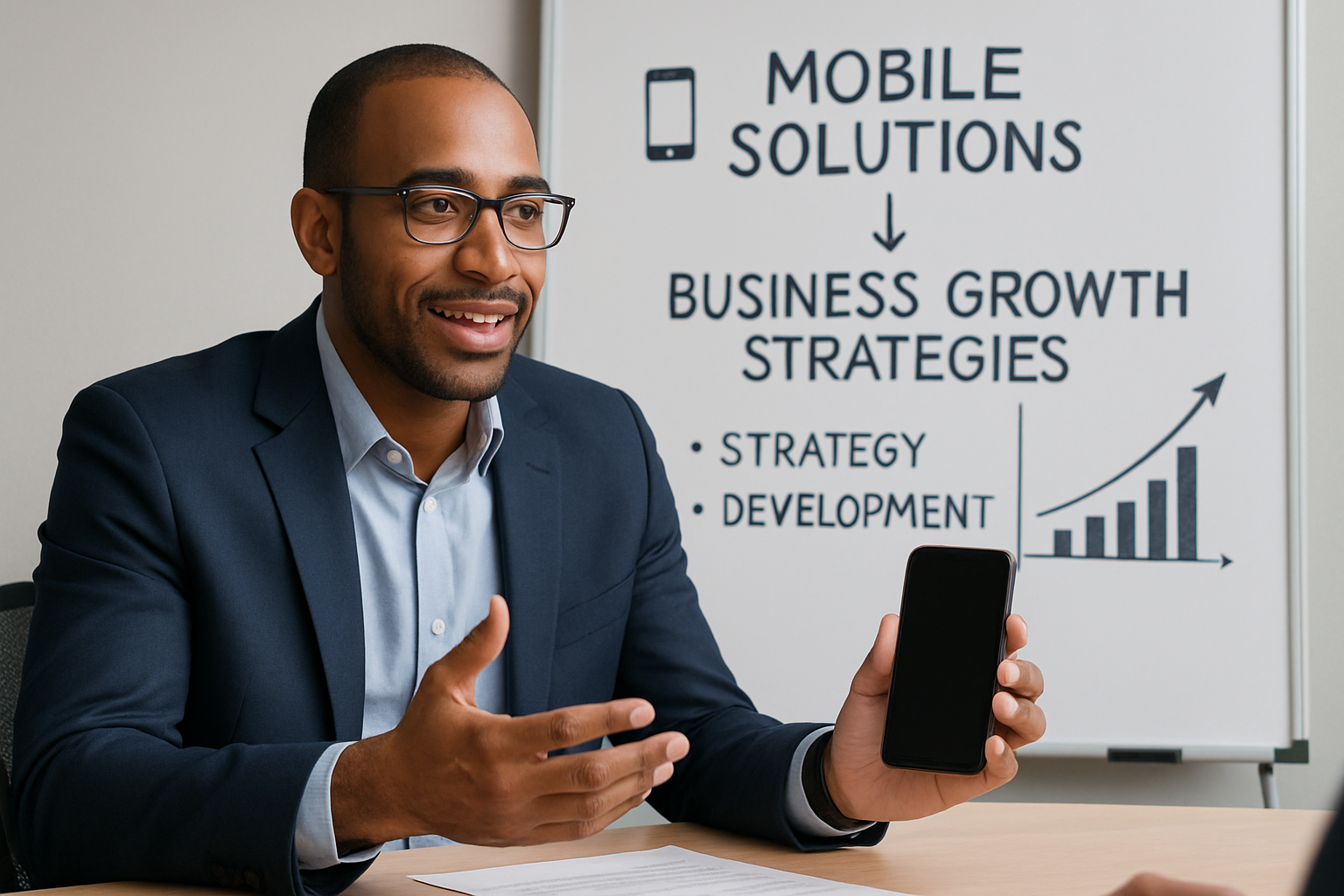Professional discussing mobile solutions and business growth strategies
